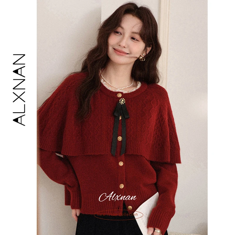 

ALXNAN Red Cardigan Christmas Poncho Knit Sweater Women Elegant Warm Winter Metal Button Bow Long Sleeve Tops Female L59608