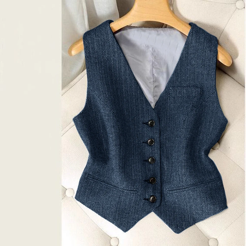 Herringbone Tweed Women\'s Sleeveless Coat V Neck Single Breasted Vest Suit for Women Suit Waistcoat Jackets 2000s Tops Casual