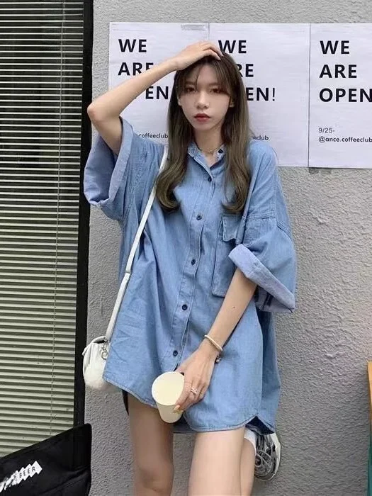 

Waed Denim irt Jaet Women's Loose Lazy Sle Slimming Mid-Length Collar Casual Cotton Top with Big kets