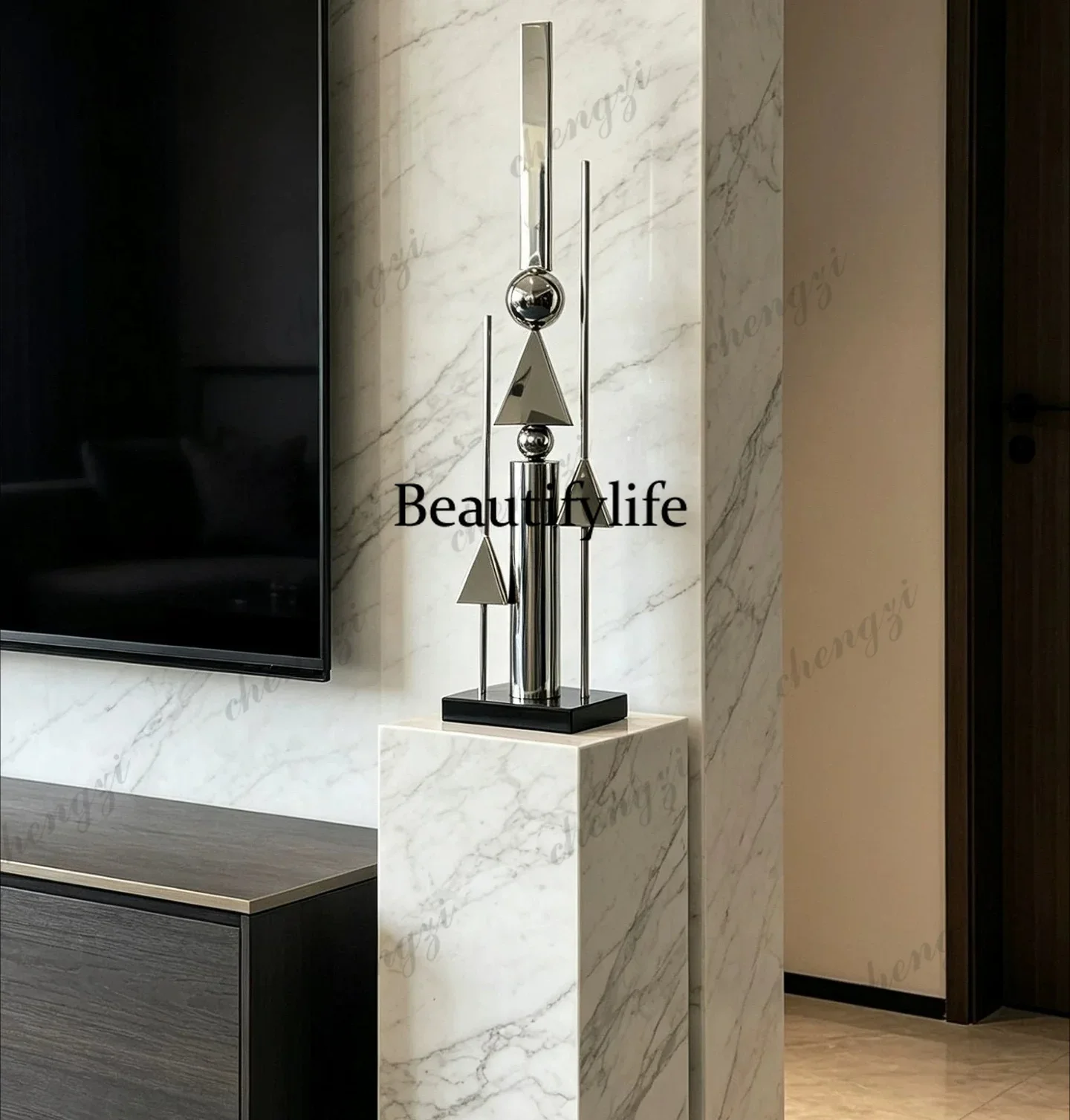 D136 Italian light luxury geometric stainless steel sculpture ornament model room living room entrance niche abstract art decora