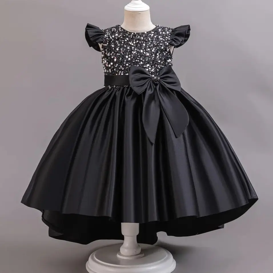 

Girls Black Gown Flying Sleeve Sequins Trailing Princess Dress For Children Wedding Formal Evening Birthday Party Prom Vestidos