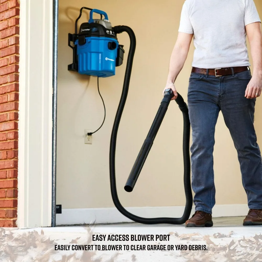 مكنسة كهربائية 5 جالون 5 حصان مثبتة على الحائط وجهاز تحكم عن بعد رطبة/جافة باللون الأزرق