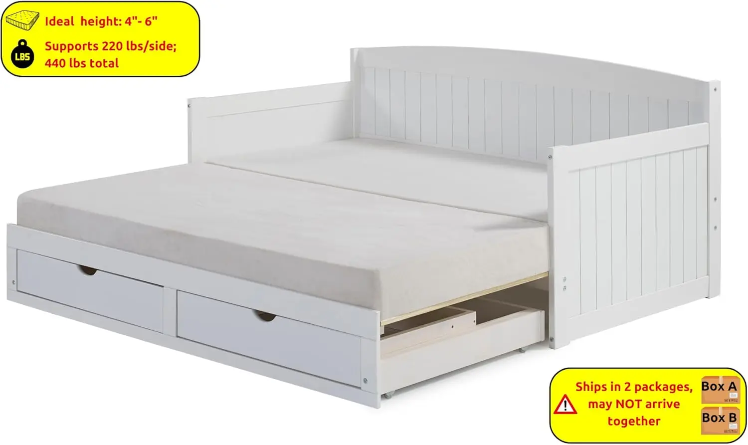 Furniture Harmony Lit de repos en bois, lit gigogne simple en pin brésilien blanc pour parure de nuit avec enfants, 2 tiroirs extractibles, 440 lb We