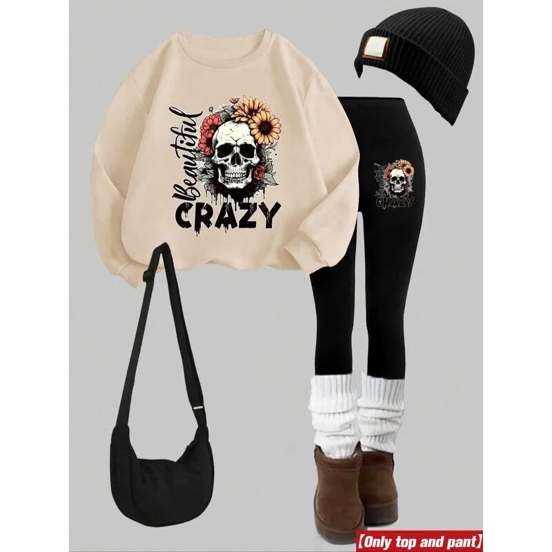 

Oversized Fleece Lined Hoodie Set Women's Comfortable Stretchy Spring Summer Autumn Animal Patterned Hoodies And Pants Set
