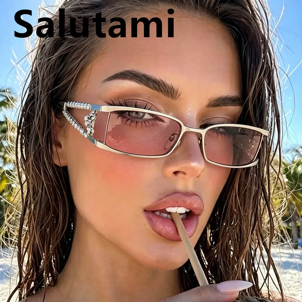 Vintage Small Square Crystal Shiny Sunglasses for Women New Fashion Matel Pearl Luxury Sun Glasses Ladies Y2K Driving Shades
