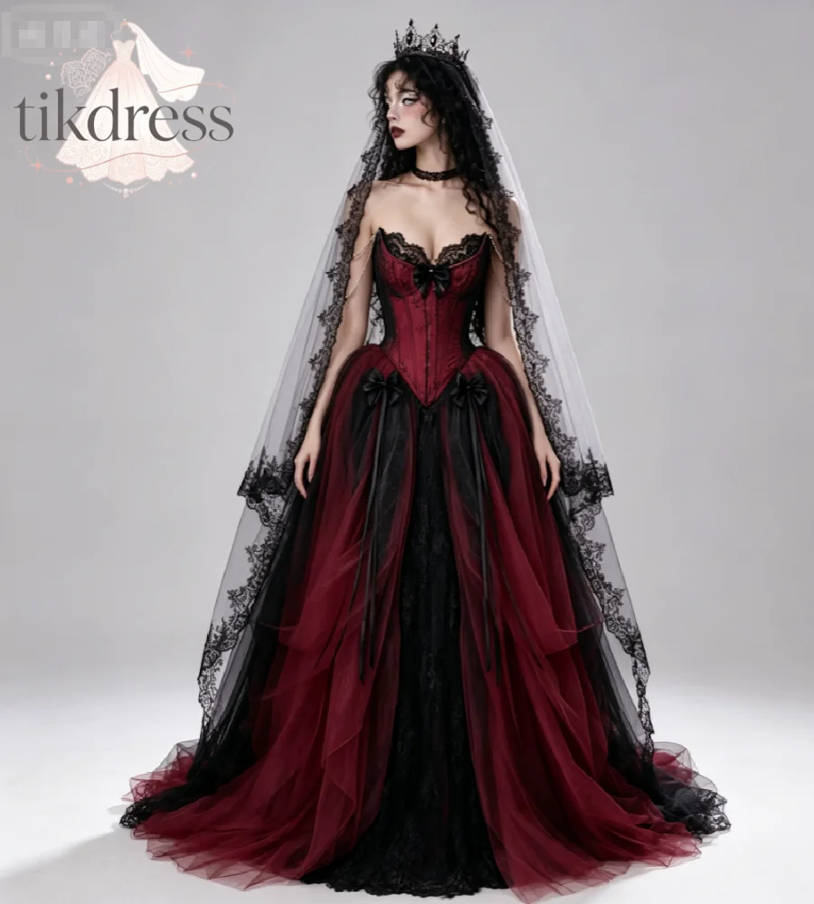 Gothic Burgundy Black Wedding Dress Dark Vampire Queen Cosplay Costume Lace Witchy Bridal Dresses A Line Tulle Renaissance Party