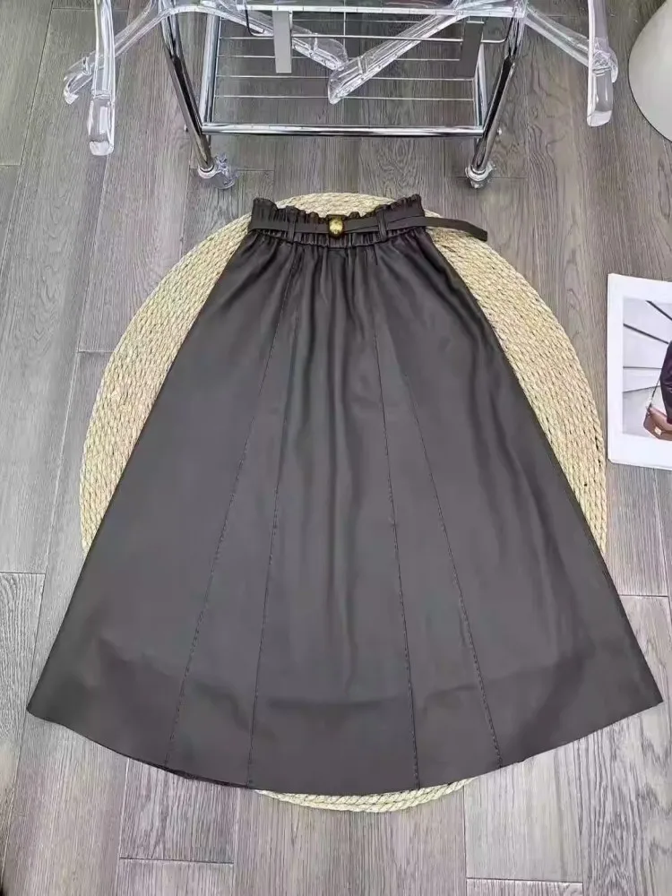 تنانير أنيقة من الجلد الطبيعي وشاحات عالية الخصر حزام منتصف العجل مكتب سيدة تنورة طويلة عالية الجودة جلد الغنم الطبيعي