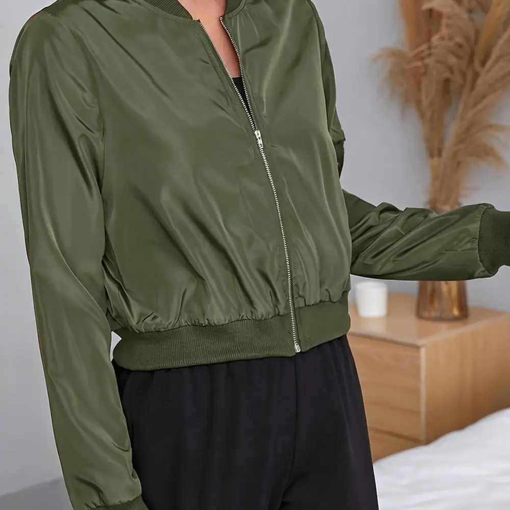 Spring 2025 Womens Short Bomber Jacket Zip Up Stand Collar Long Sleeve Coat Casual Outerwear Fashion Streetwear