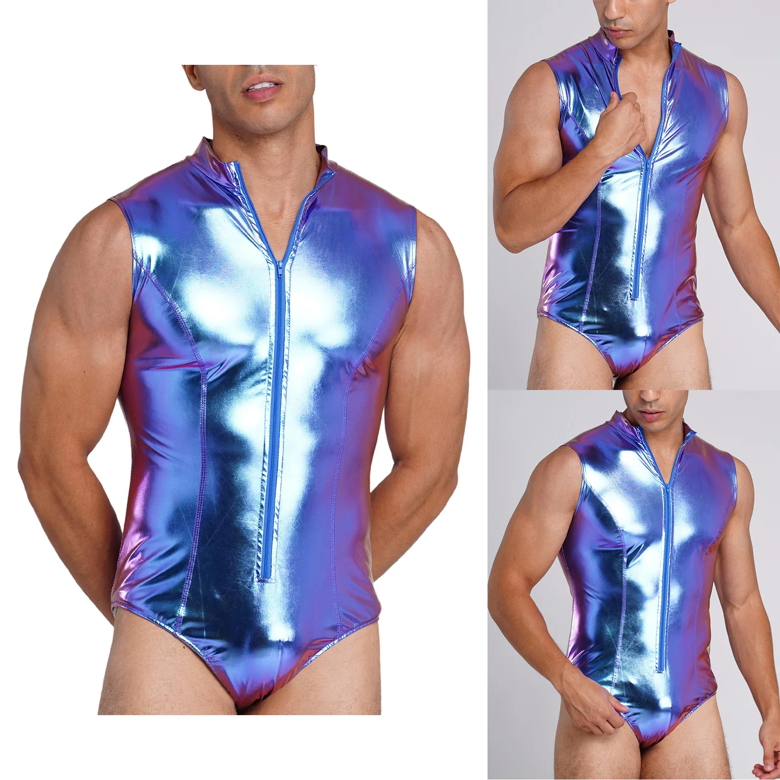 Men Sparkly Metallic Mock Neck Sleeveless Bodysuit Front Zip Up Stretchy Swimwear Clubwear for Rave Party Night Club