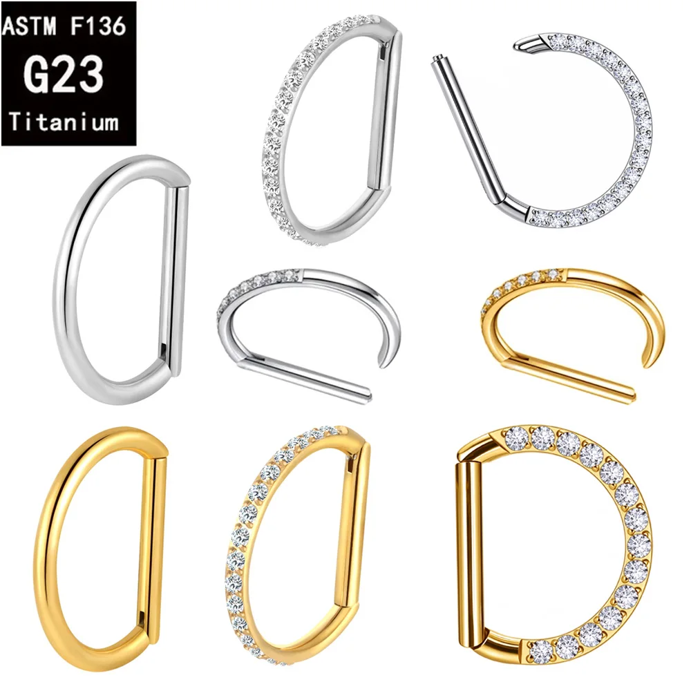 ASTM F136 Titanium D Shape Nose Clicker with Full CZ 16G Hinged Segment Hoop Conch Helix Ear Piercing Body Jewelry