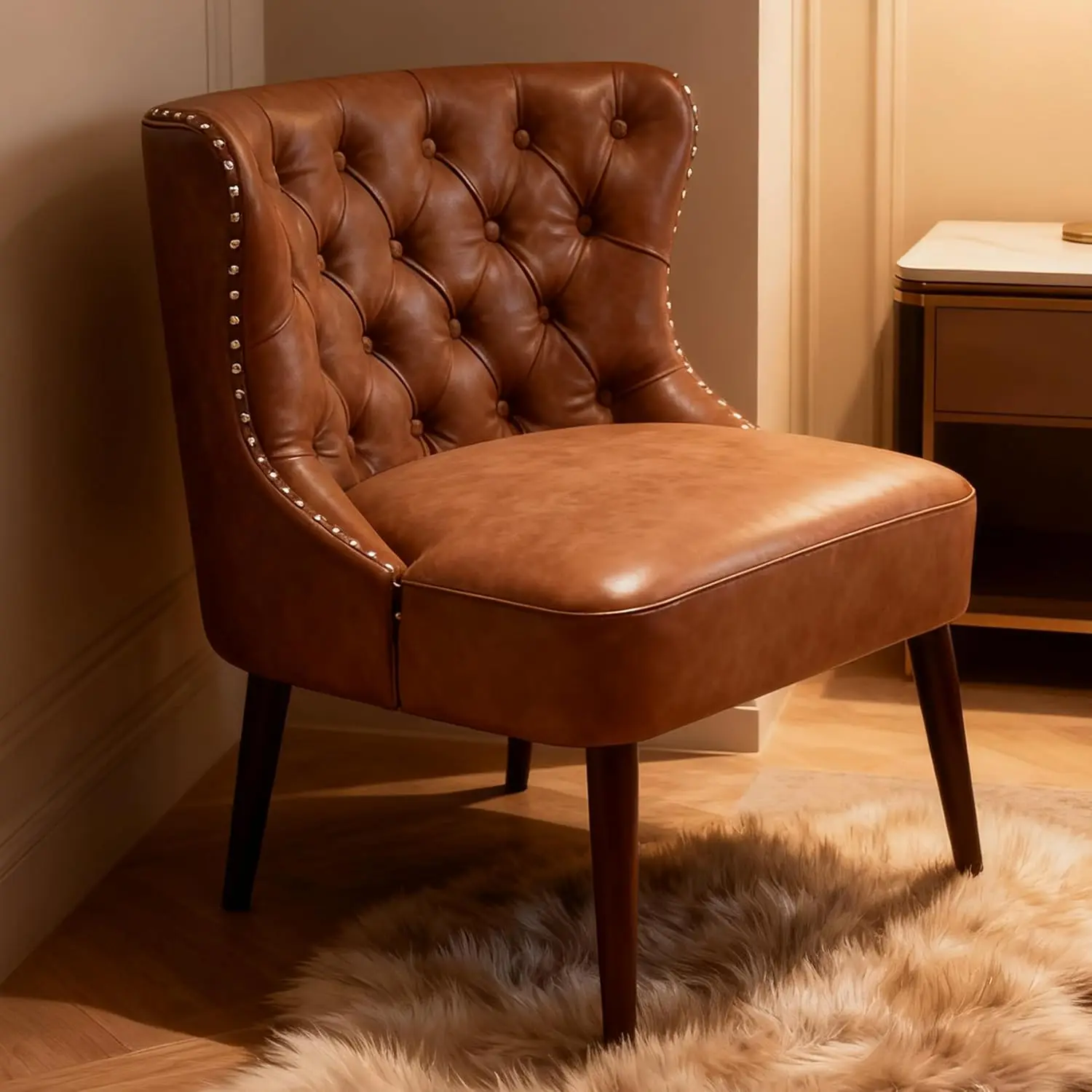 Tufted Leather Slipper Chair Armless Wingback Side Chair Nails Decorative Living Room Bedroom Small Space, Customized