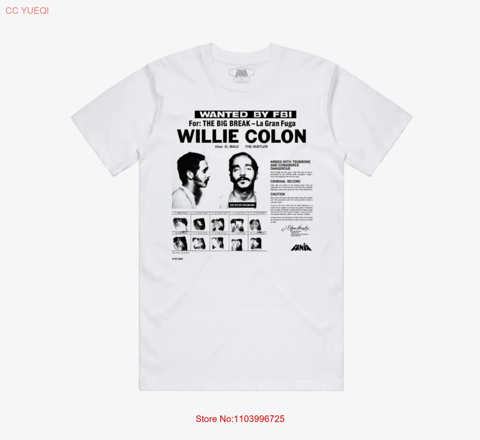 WILLIE COLON WANTED BY FBI THE BIG BREAK- LA GRAN FUGA FANIA T-SHIRT ALBUM ART