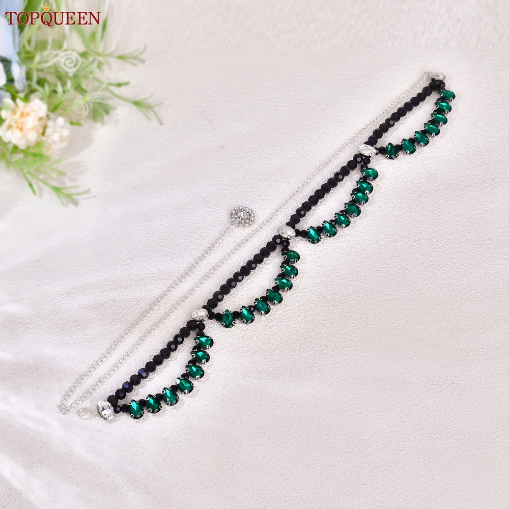 

TOPQUEEN новый дизайн свадебного пояса, женская поясная цепочка с черными кристаллами и зелеными стразами, регулируемая удлинительная цепочка для тела S225