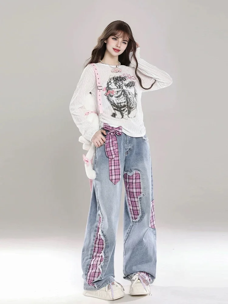 2024 Women Fall Winter y2k Kawaii Patchwork Plaid Jeans Cutecore Pink Pants Coquette Aesthetics Japanese 2000s Style Clothes