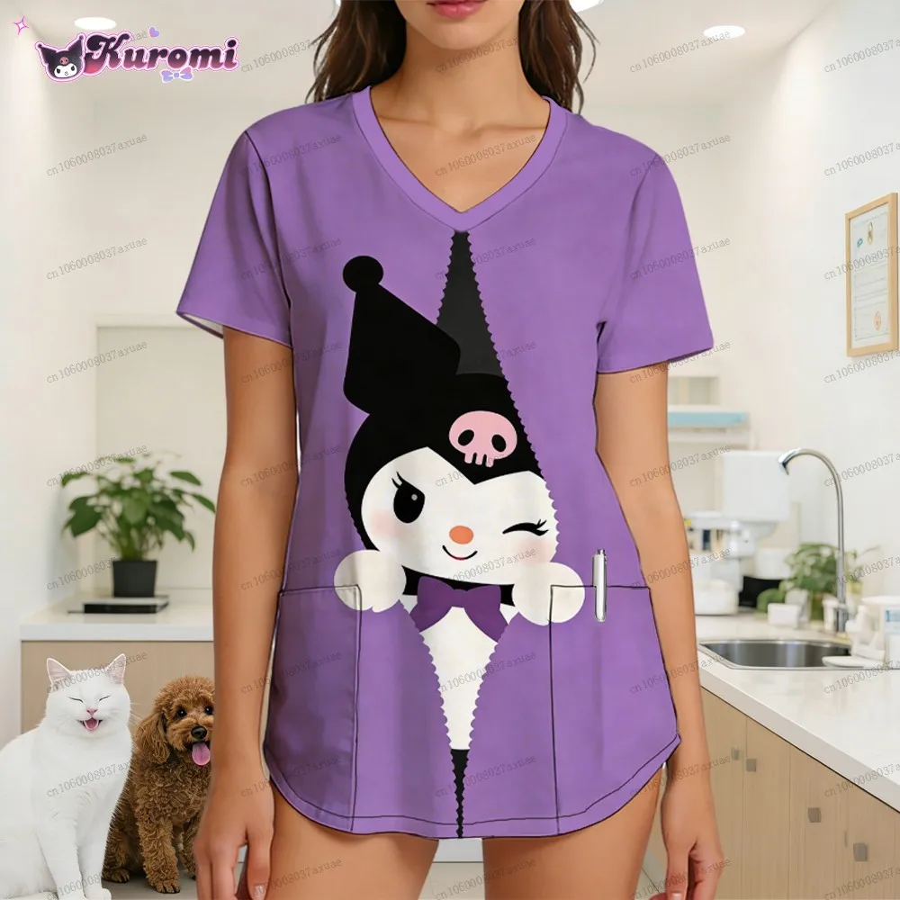 

Kuromi Shoujo Clothes for Dental Clinic Spa Pet Shop Polka Dot Nurse Uniform Y2k Women's T-shirt New Arrivals 2026 Summer Kawaii