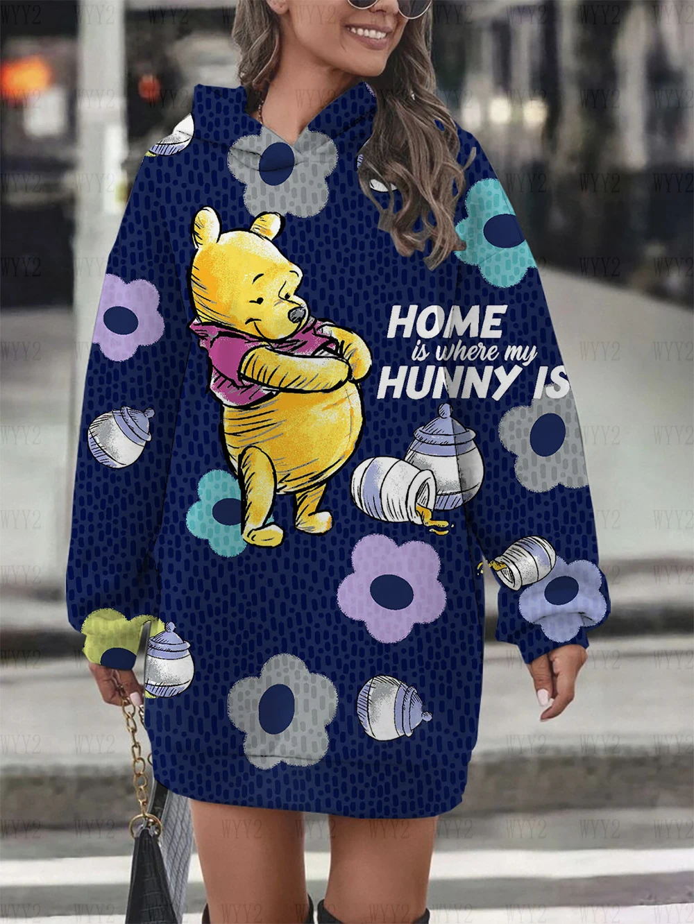 New Women\'s Sweatshirts Women\'s Long Cute Hoodie Disney Winnie the Pooh Print Hoodie Women\'s Hoodie Dress Casual Tops