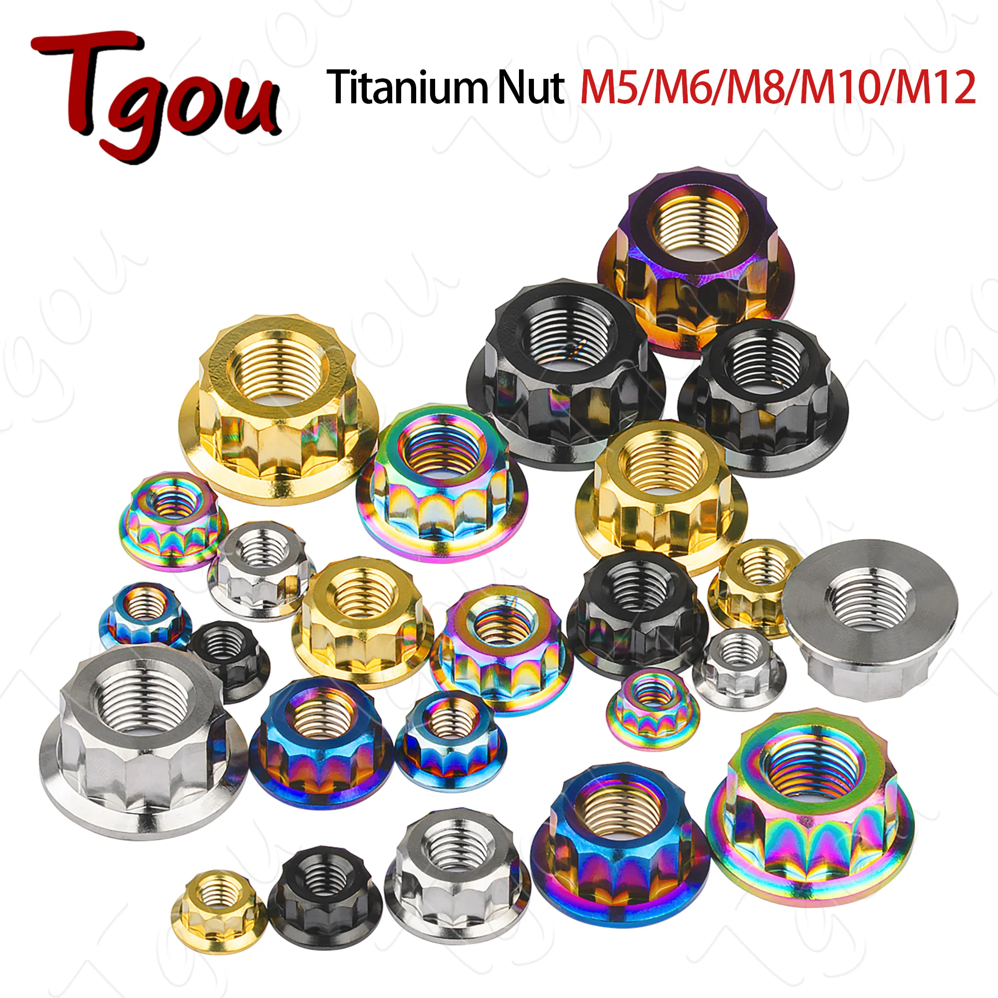 Tgou Titanium Nut M5/M6/M8/M10/M12 Bi Hex Flange 12 Point Nuts for Motorcycle Retrofit