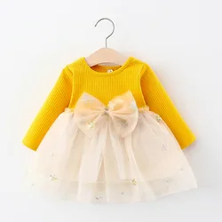 New Girls' Dress Autumn and Winter Children's Long sleeved Big Bow Round Neck Knitted Spliced Sequin Mesh Fluffy Dress