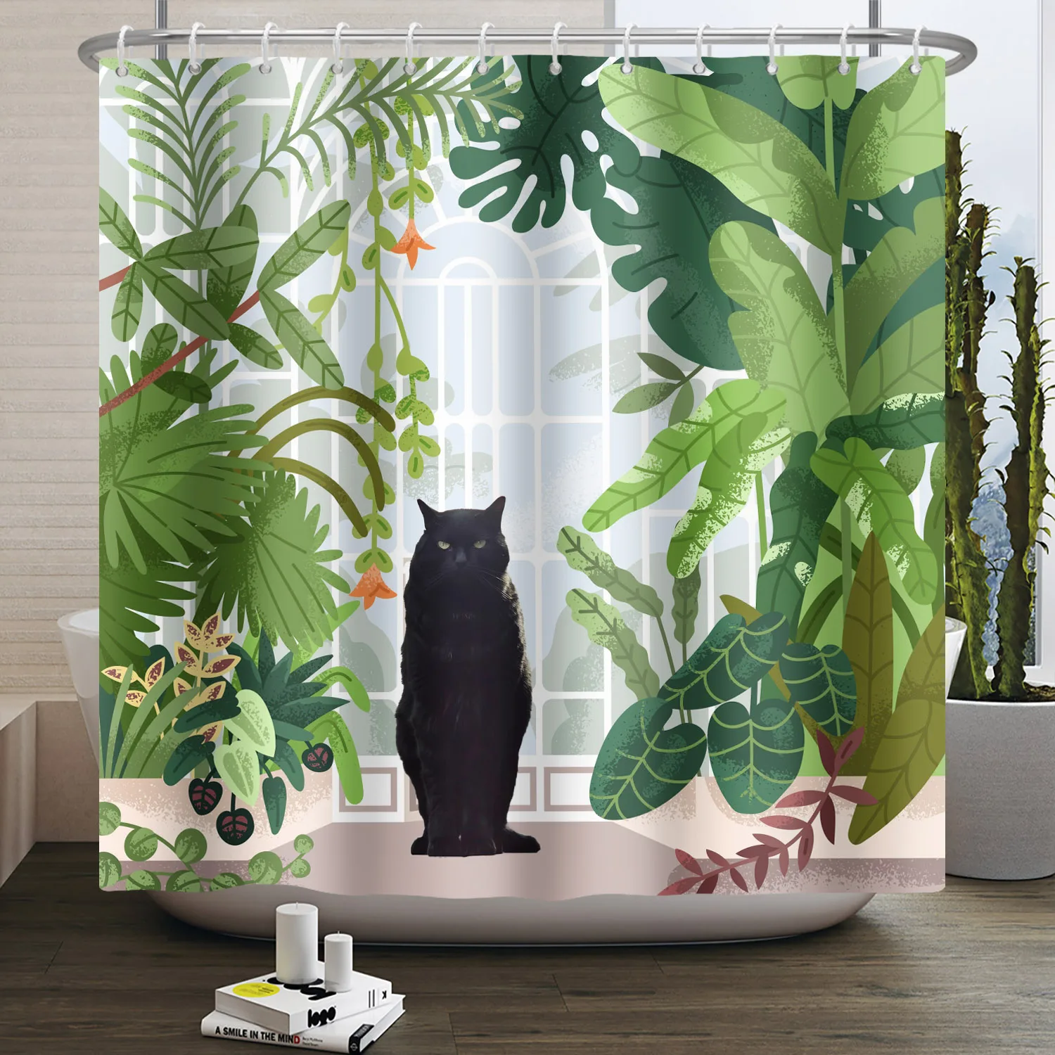 Green Tropical Rainforest Shower Curtain Cute Black Cat Modern Home Bathroom Decor Polyester Fabric Shower Curtains with Hooks