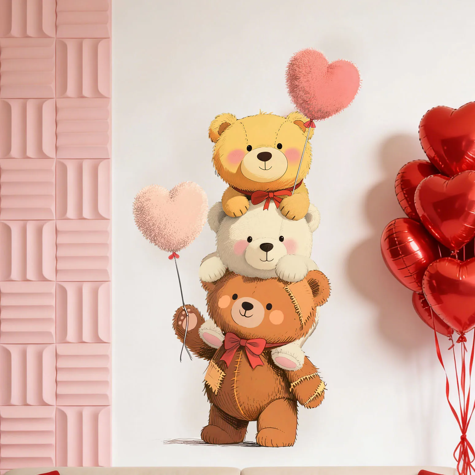 Cartoon Three Little Bears Heart Balloon Wall Decals - Living Room, Bedroom, or Bedhead Decor for Instagram Style Adorable Stick