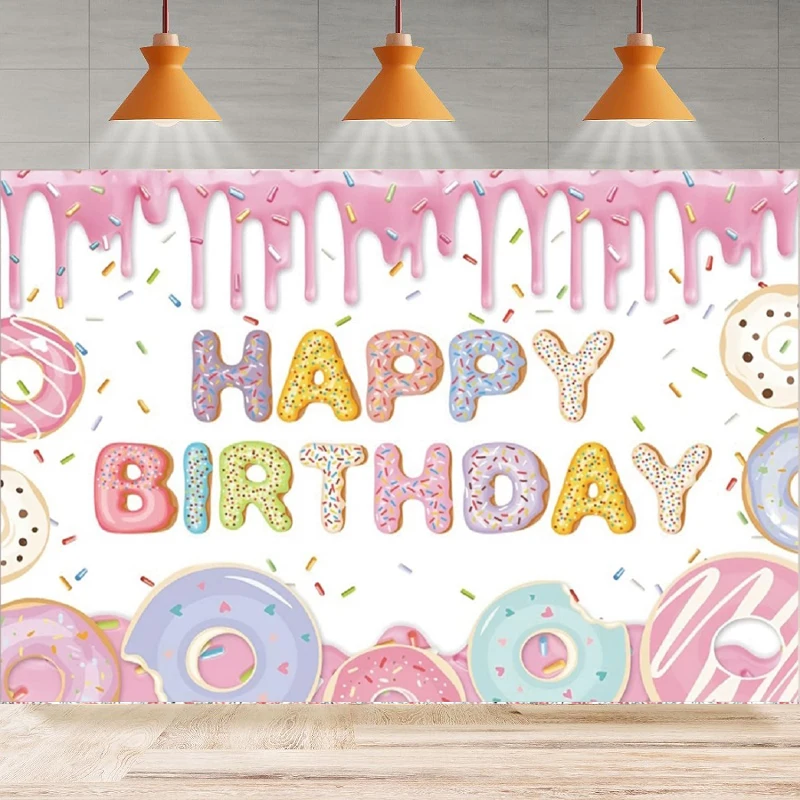 Photography Backdrop Pink Donut For Woman Girl Happy Birthday Party Background Poster Home Party Backdrop Wall Banner Decor