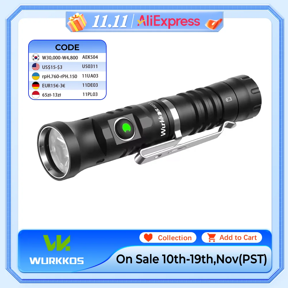 

Wurkkos HD11 90° Folding 18650 LED Flashlight Red Light Max 1800LM IP68 with Magnetic Tail USB C Rechargeable EDC Torch Hiking