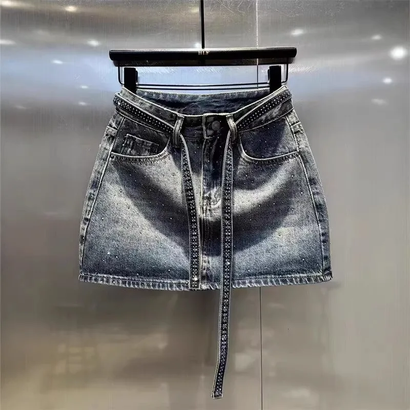 Women Y2K Sparkle Washed Denim Mini Skirt High Waist Rhinestone Tie Belt A Line Skirt