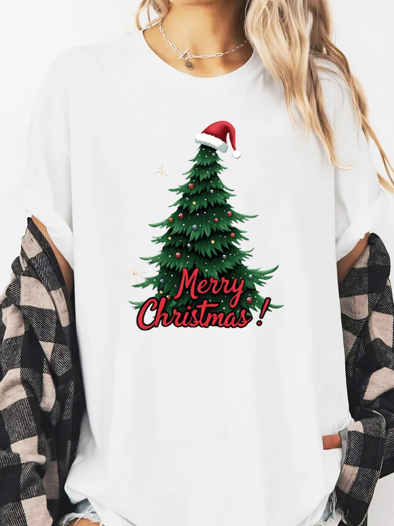 

Рождественская елка, шляпа Санта-Клауса, футболка с рождественским принтом, праздничная женская повседневная одежда, белая, больших размеров