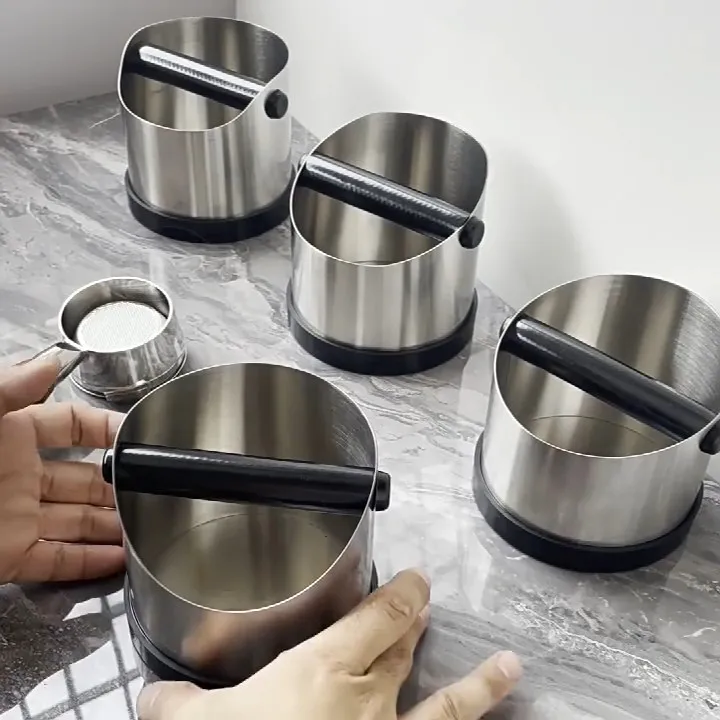Coffee Ground Knock Box Stainless Steel Espresso Non Slip with Rubber Ring Coffee Grind Waste Bins