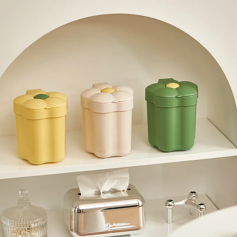 

Flower desktop trash bin household cute mini storage bin bedroom small size with lid large opening paper basket