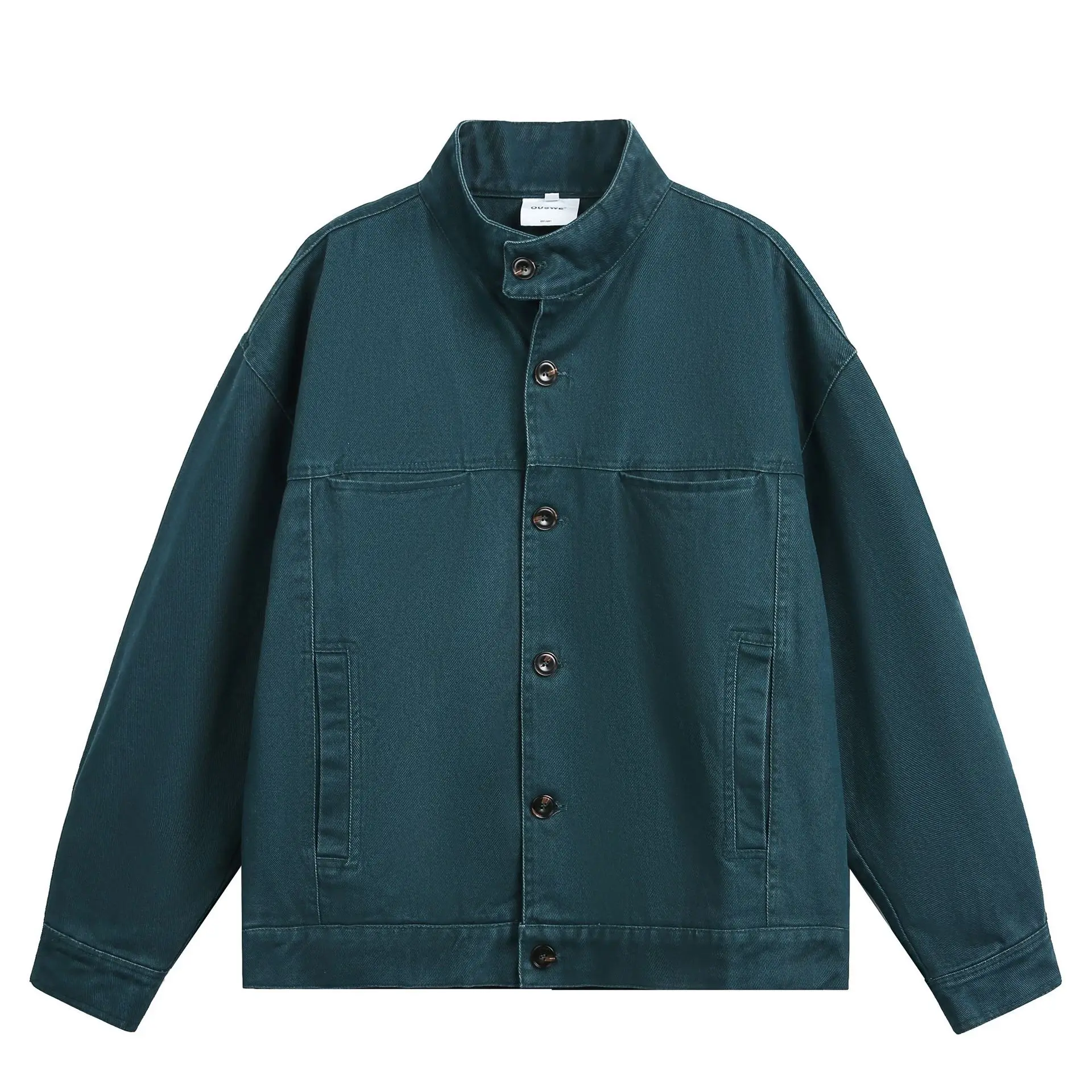 

Men's Vintage Dark Blue Casual Trendy Solid Color Stand Collar Long Sleeve Jacket Male Clothes Coats Multi-Pocket Workwear