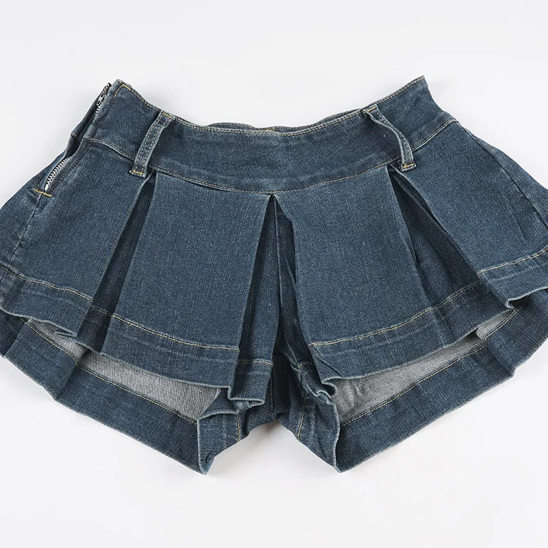 جديد ريترو مثير المرأة الصيف منخفضة الخصر البسيطة مطوي الدنيم السراويل تنورة المألوف الشارع Y2k Harajuku القوطي السراويل