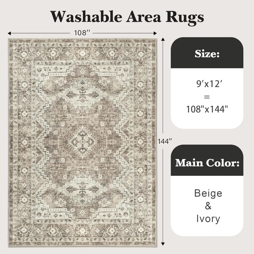 Area Rug - Stain Resistant Washable Rug, Anti Slip Backing Rugs for Living Room, Vintage Tribal Area Rugs (TPR07-Ivory, 9'x12')