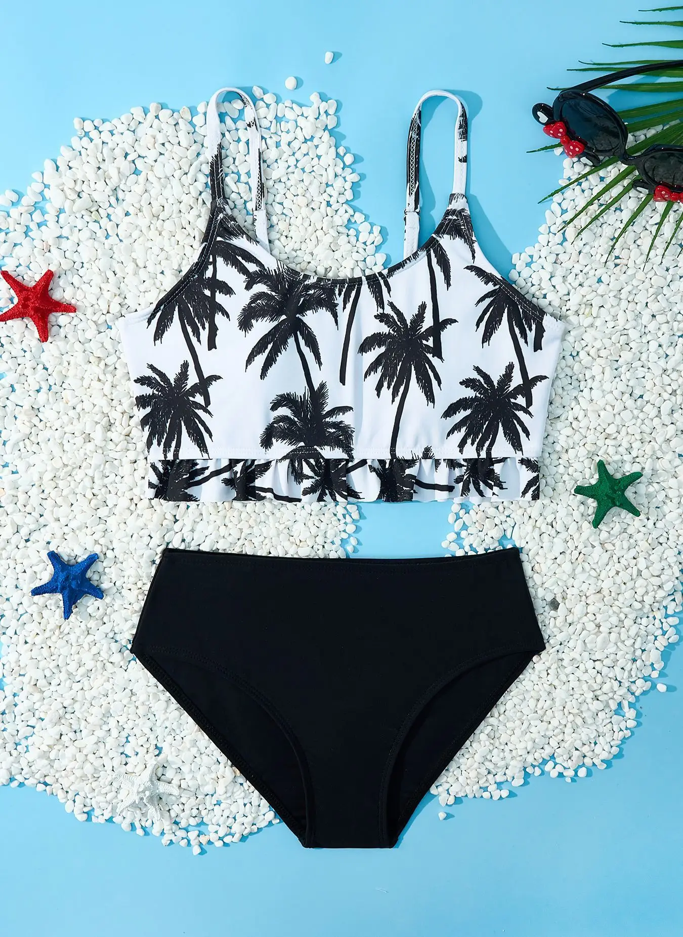 

Girls Coconut Palm Tree Print Bikini Two Pieces Swimsuit Kids High Waisted Children's Swimwear 7-12 Years Teenager Bathing Suit