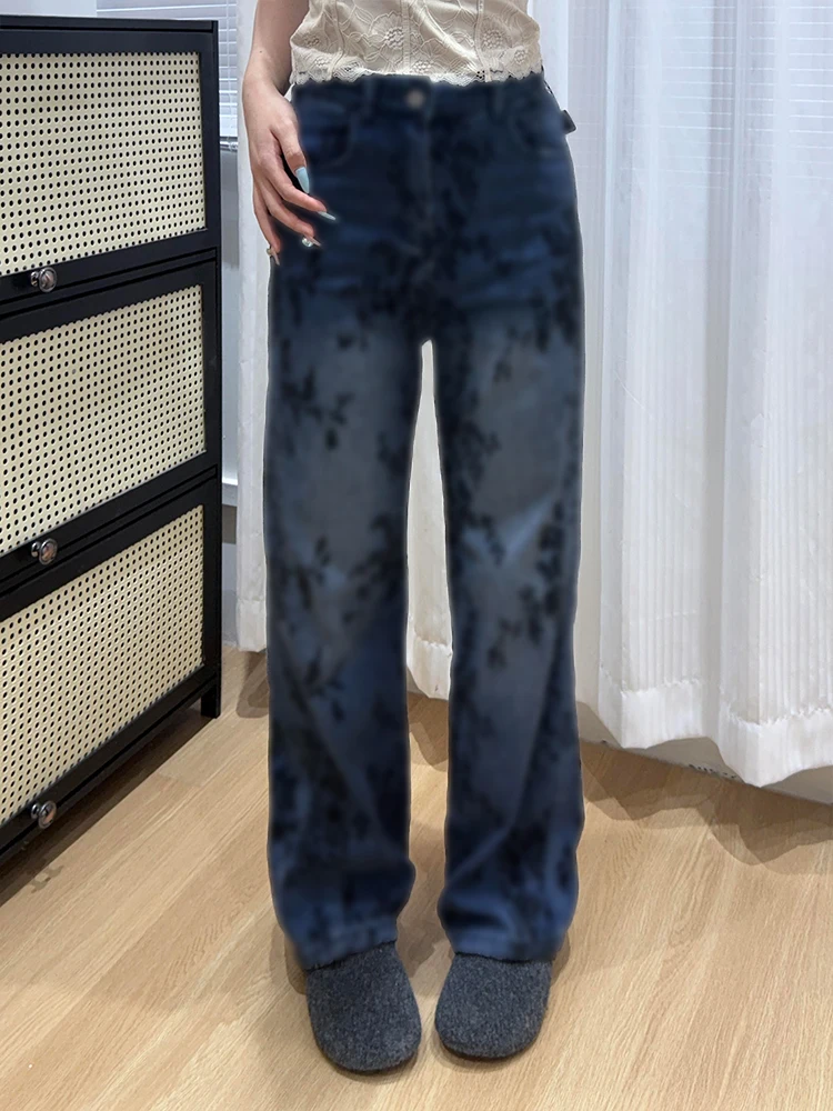 

Американские джинсы в стиле High Street с флисовой подкладкой, утолщенные, с принтом, женские, летние, новый стиль, модные, широкие брюки