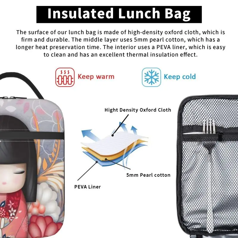 Red Sakura Kokeshi Doll lunch bag donna maschio Office Student bento Storage borsa isolata divertente borsa bento isolata addensata