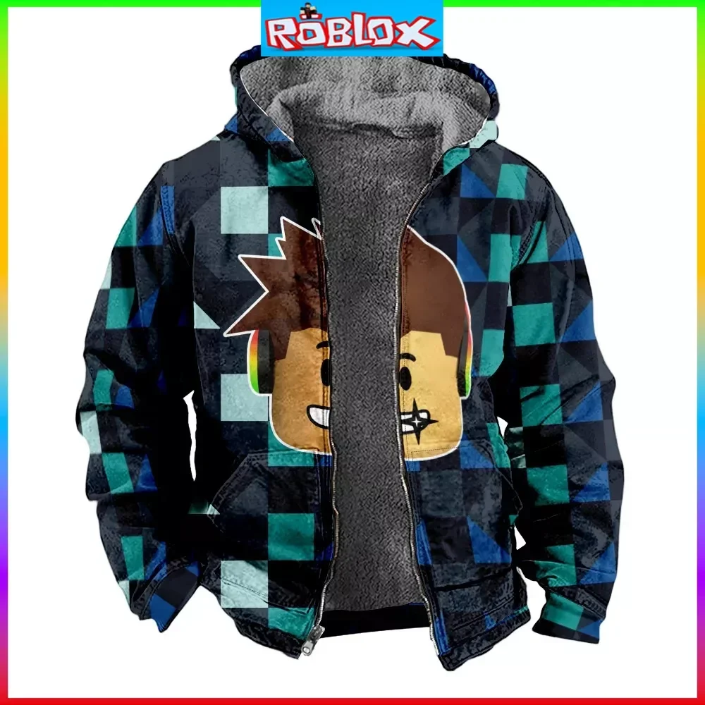 Roblox Winter Printed Thickened Padded Zipper Student Long Sleeve Hoodie New Loose Collar Teenage Christmas Sweatshirt Cotton