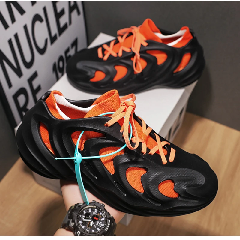 

Летняя мужская обувь 2025 года, сандалии, дышащие полые повседневные носки, лоферы без шнуровки, кроссовки