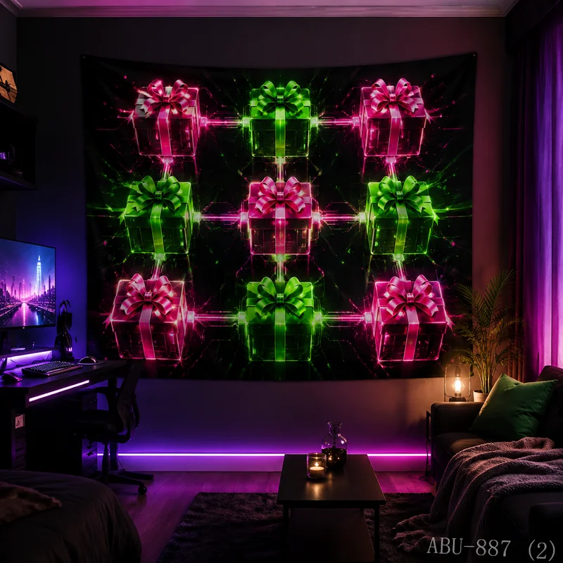 VIKAMA Neon Pink Green Gift Box Tapestry Geometric Fluorescent Black Background Wall Hanging Gaming Bedroom Dorm Decor Cloth
