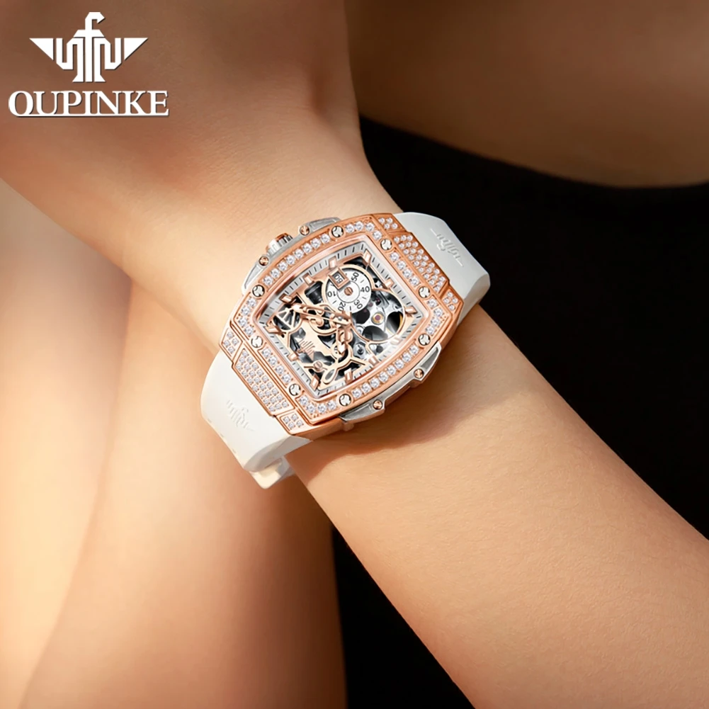 OUPINKE 3220 Flywheel Mechanical Watch for Ladies Luxury Elegant Hollow Silicone Strap Full Diamond Waterproof Automatic Watches