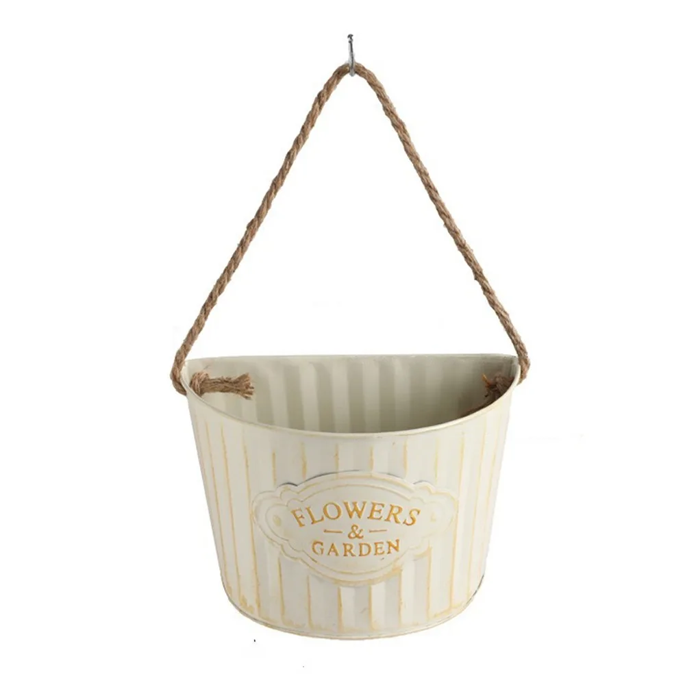 Semi Round Hanging Flower Pot Retro Iron Art Plant Bucket Wall Mounted Planter Wall Mounted Handmade Over Fence Planter