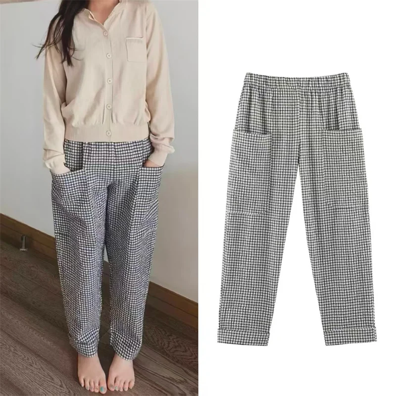 Guobioziy Women's Long Pants 2026 Autumn New Style Plaid Pattern with Large Pocket Decorative Casual Pants Personalized Fashion