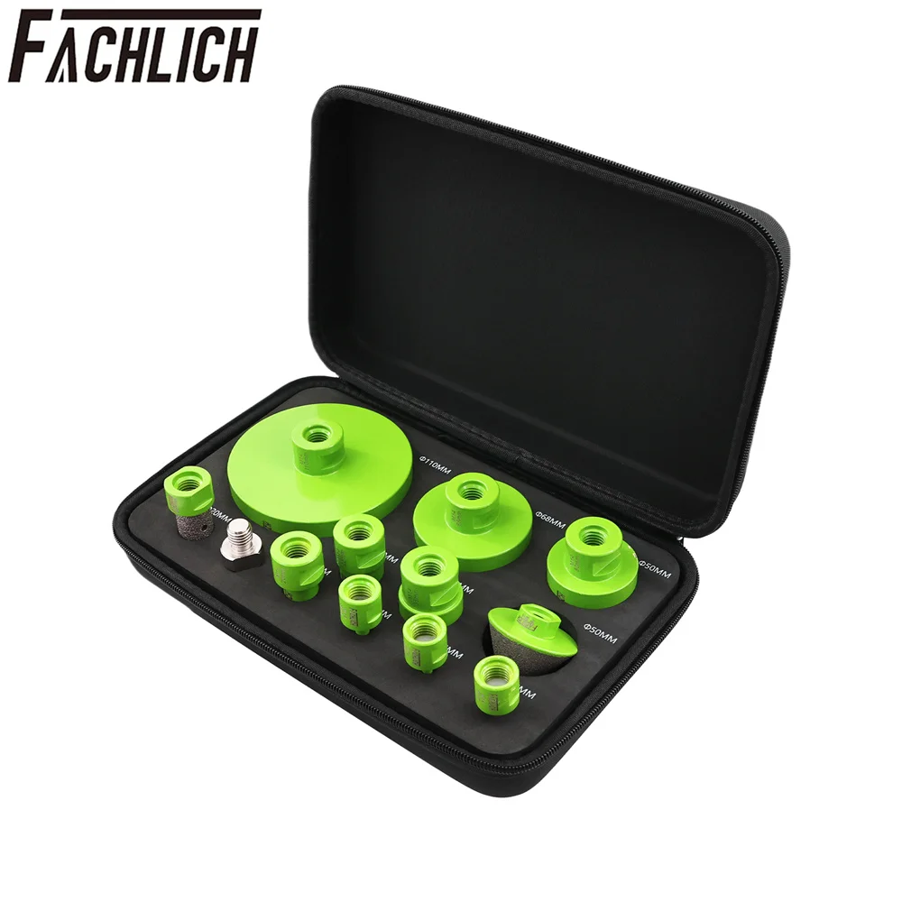 

FACHLICH 12pcs/Box 6/6/8/20/25/35/50/68/110mm Diamond Core Drill Bits+10mm Milling Bit + Conical Chamfer +HEX Marble Ceramic M14