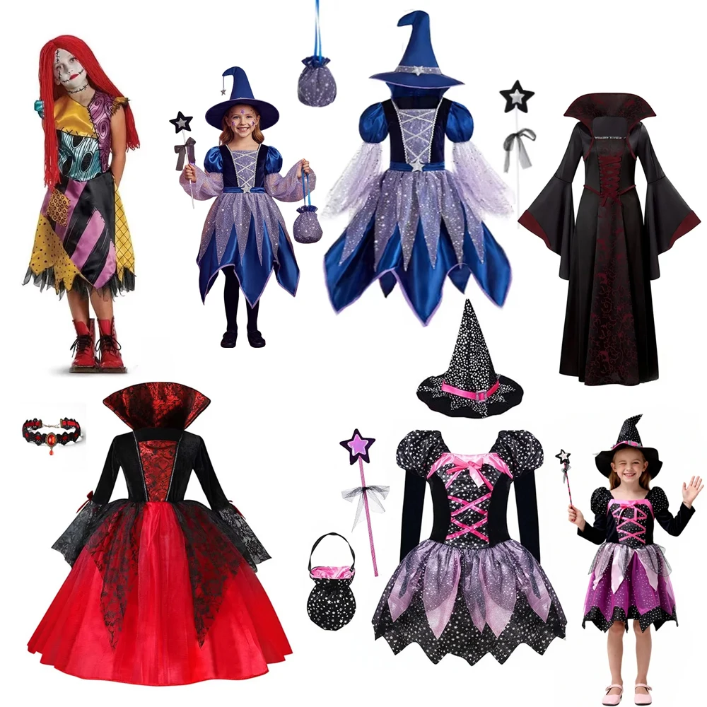 Kids Role Play Dress Girls Halloween Cosplay Dress Witch Vampire Fancy Costume with Accessories for Carnival Dress Up Party