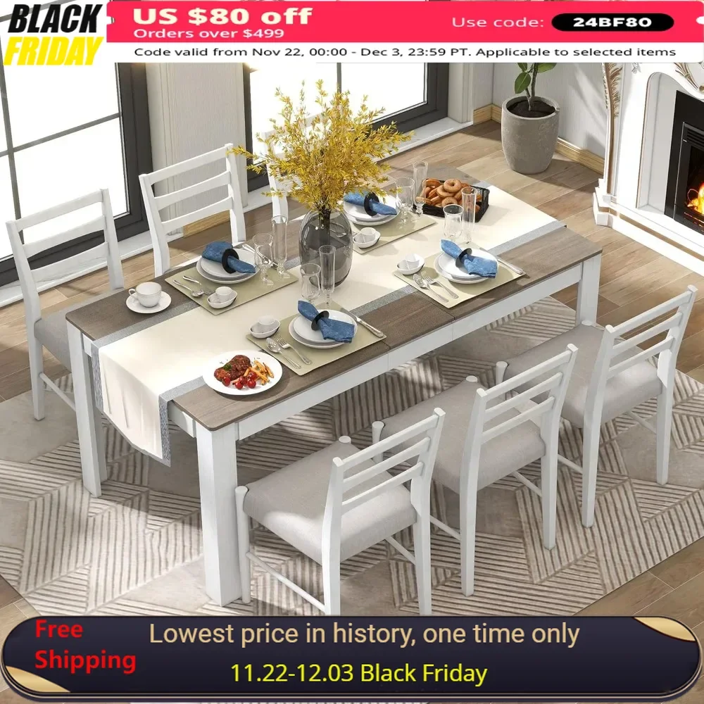 

7-Piece Dining Table Set, Extendable Tables with 2 Drawers, 6 Chairs with Soft Cushion, Dining Table Set