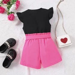 2pcs Girls Going Out Short Suit Heart Graphic Flutter Sleeve Top & Belted Waist Shorts Set Kids Summer Clothes