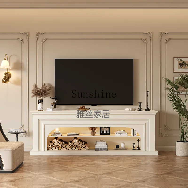 

French cream wind fireplace TV cabinet living room background wall retro simulation fire solid wood porch customization