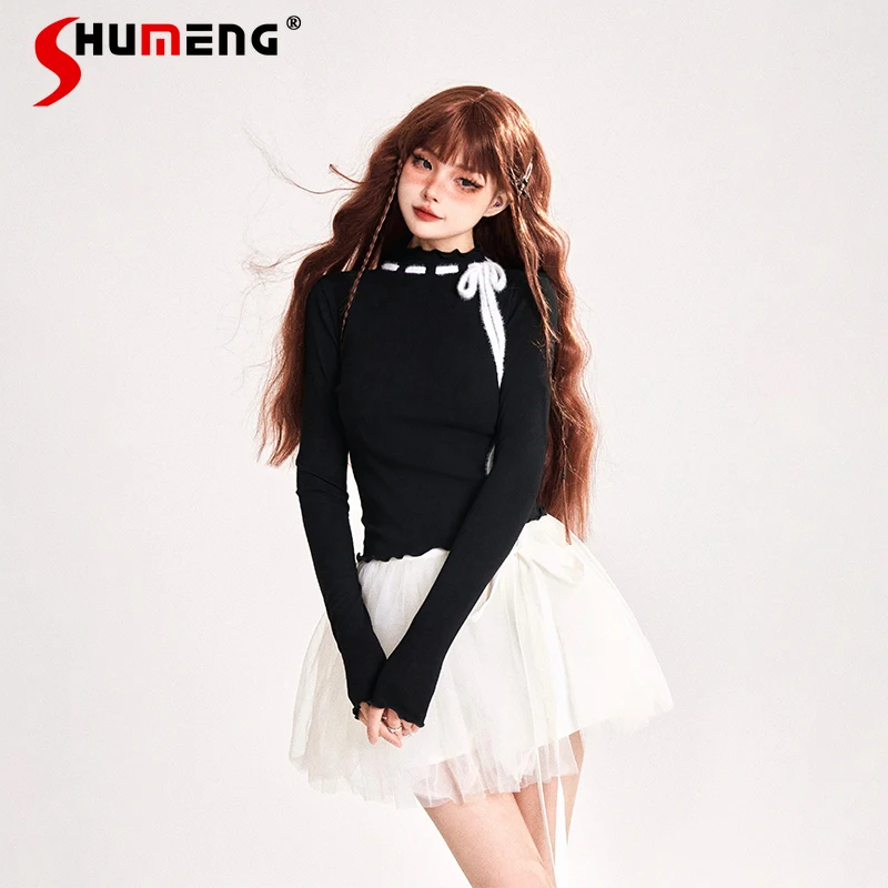 Women's Clothing Japanese Style Autumn And Winter New Top Tees Half Turtleneck Flounce Trim Lace Up Y2k Inner Bottoming T-shirts