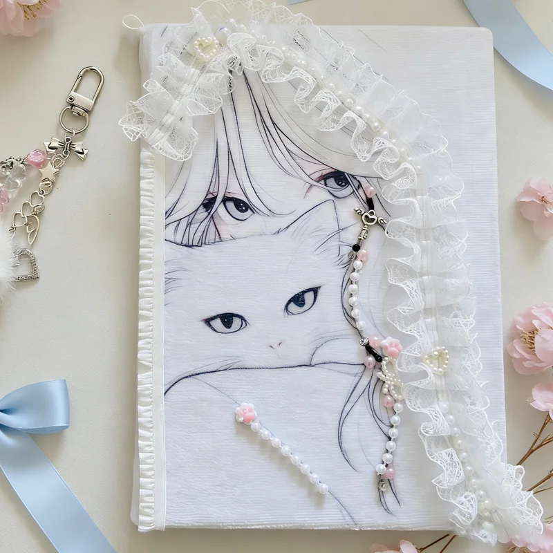 Cute Kawaii Lace Beads Decor Journal A5 Aesthetic Notebook Girl & Cat Design Plush Fabric Diary with Charm 96 Pages