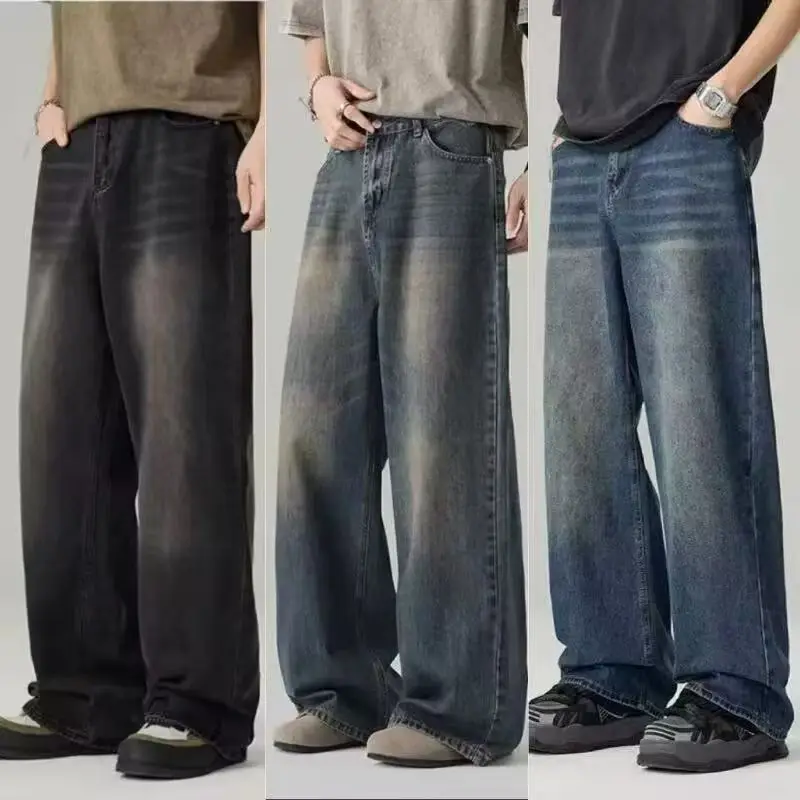 New Bent Knife Jeans for Men American Retro Washed Distressed Wide Leg Pants Four Seasons Loose Straight Leg Feelin Street Jeans